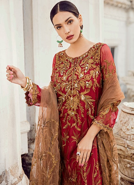 Mehroon Chiffon Embroidered 3 Piece Unstitched Suit With Heavy Net Embroidery Dupatta - Party Wear