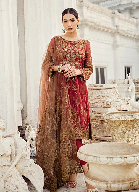 Mehroon Chiffon Embroidered 3 Piece Unstitched Suit With Heavy Net Embroidery Dupatta - Party Wear