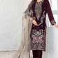 Maroon Luxury Velvet Dress Embroidered 3 Piece Unstitched