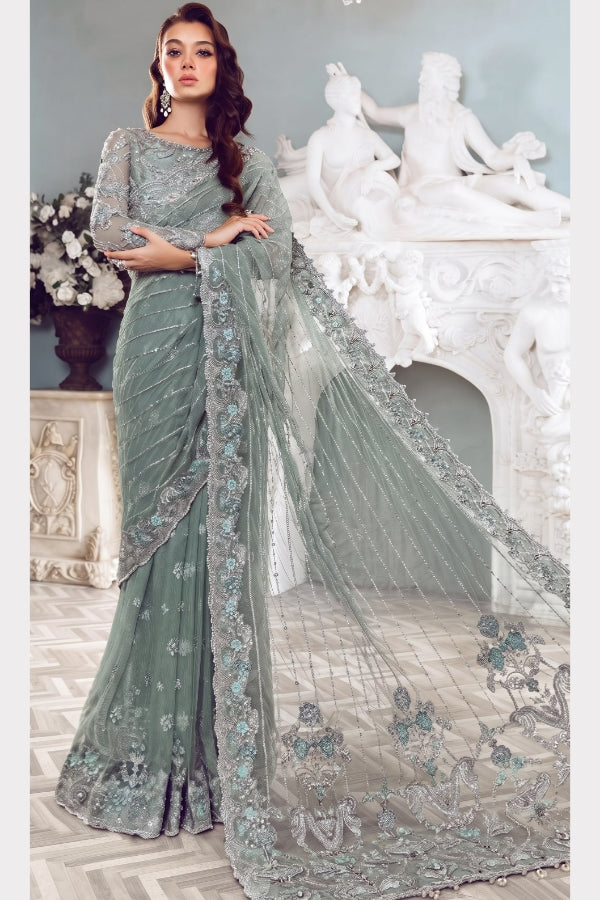 Net Heavy Embroidered Wedding Wear Saree - Unstitched