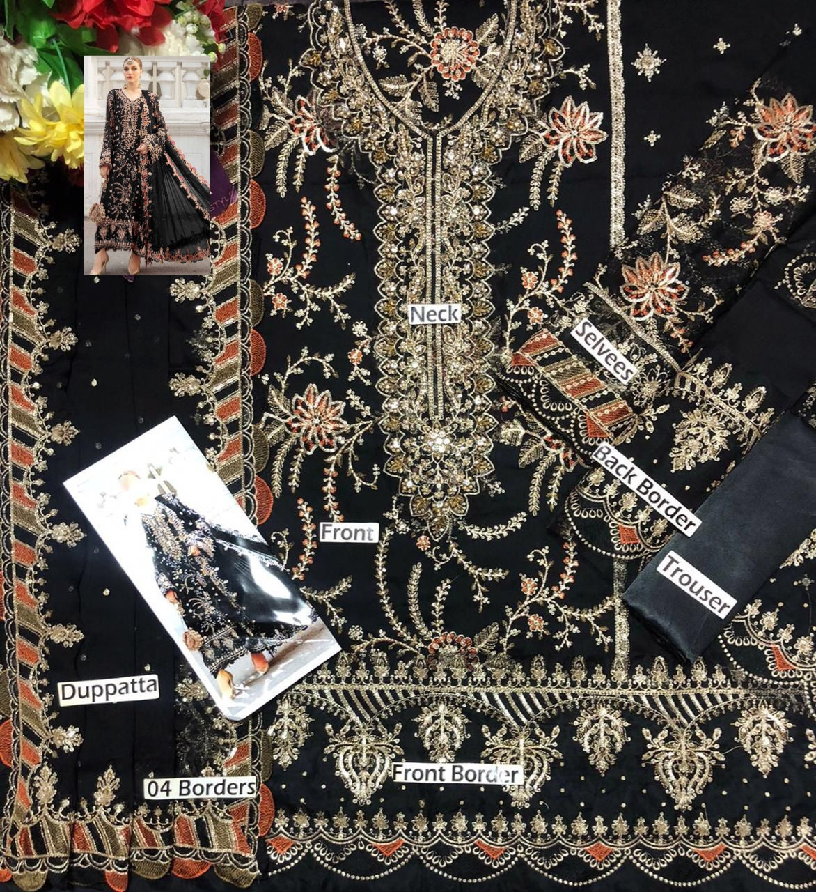 Black Chiffon Embroidered 3 Piece Unstitched Suit - Party Wear