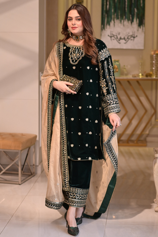 Green Velvet Unstitched Embroidered 3 Piece Suit ANL - Party Wear