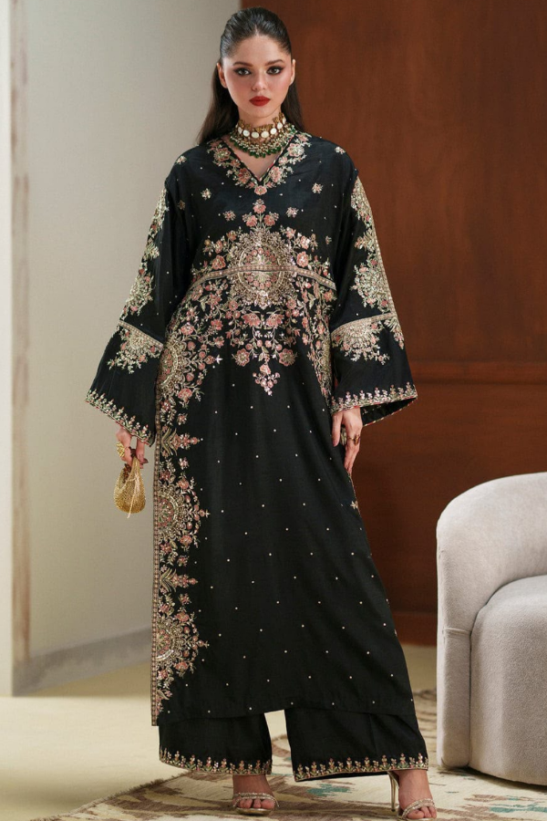 Black Kaftan Shamoz Silk 3 Piece Unstitched Dress - Party Wear