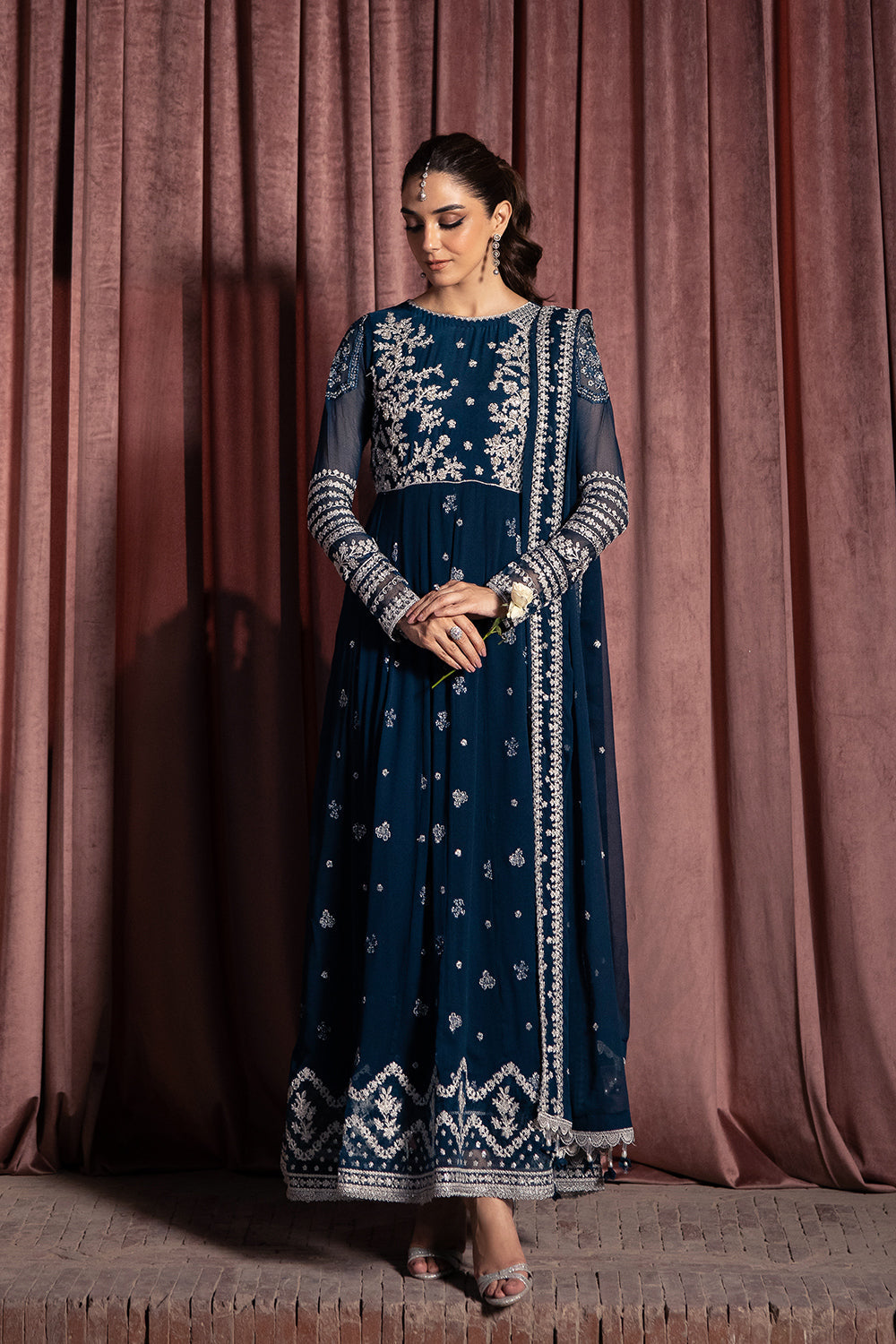 Blue Maxi Chiffon Unstitched 3 Piece - Party Wear