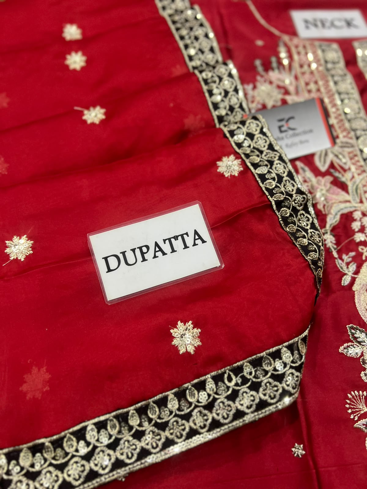 Red Kaftaan Charmeuse Silk 3 Piece Unstitched Suit EK-E1149/104/418 - Party Wear