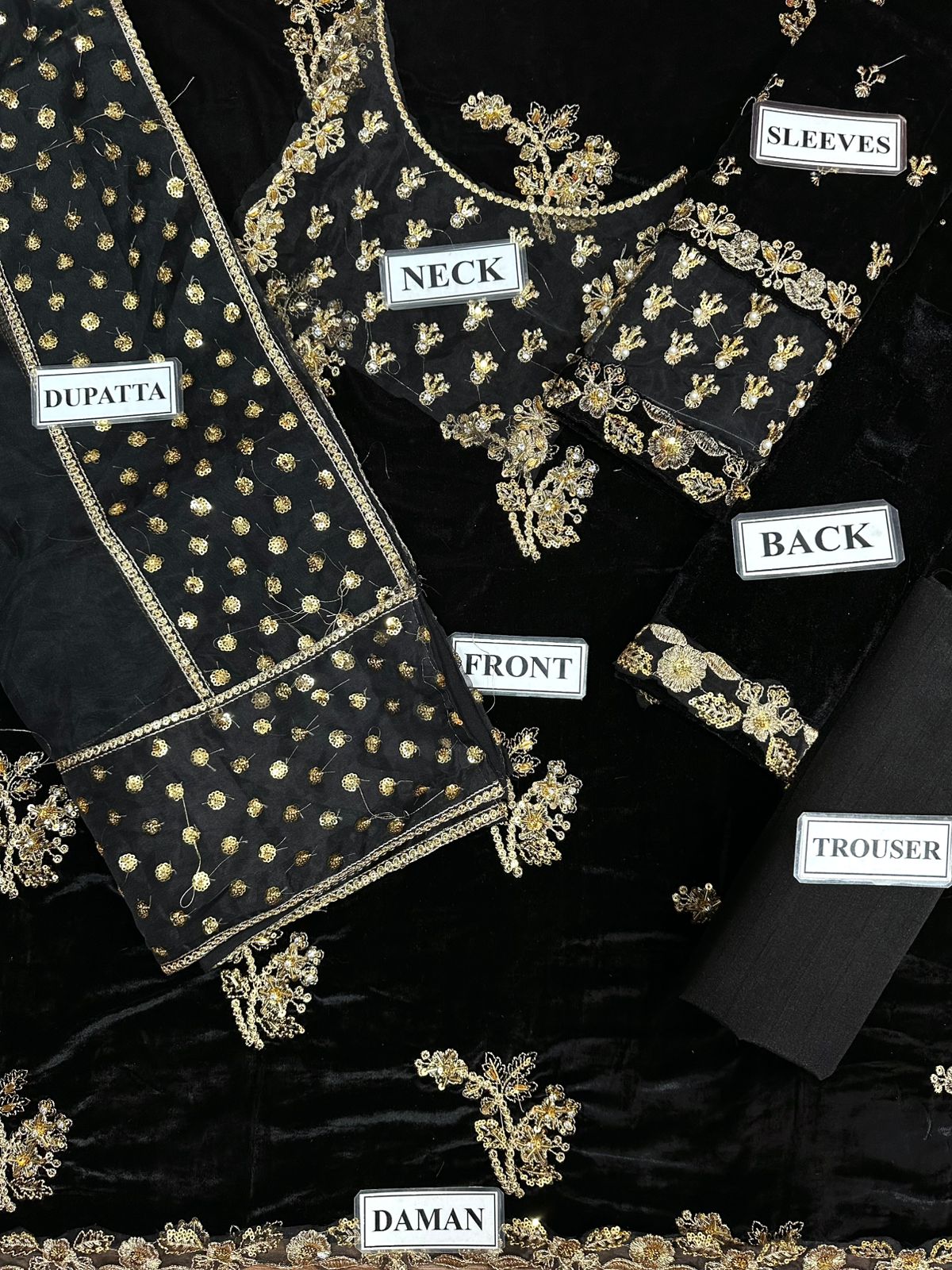 Black Velvet Embroidered Unstitched 3 Piece Suit -AV-D09- Party Wear
