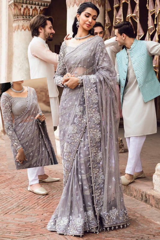 Luxury Net Embroidered Unstitched Saree Ifora -Party Wear