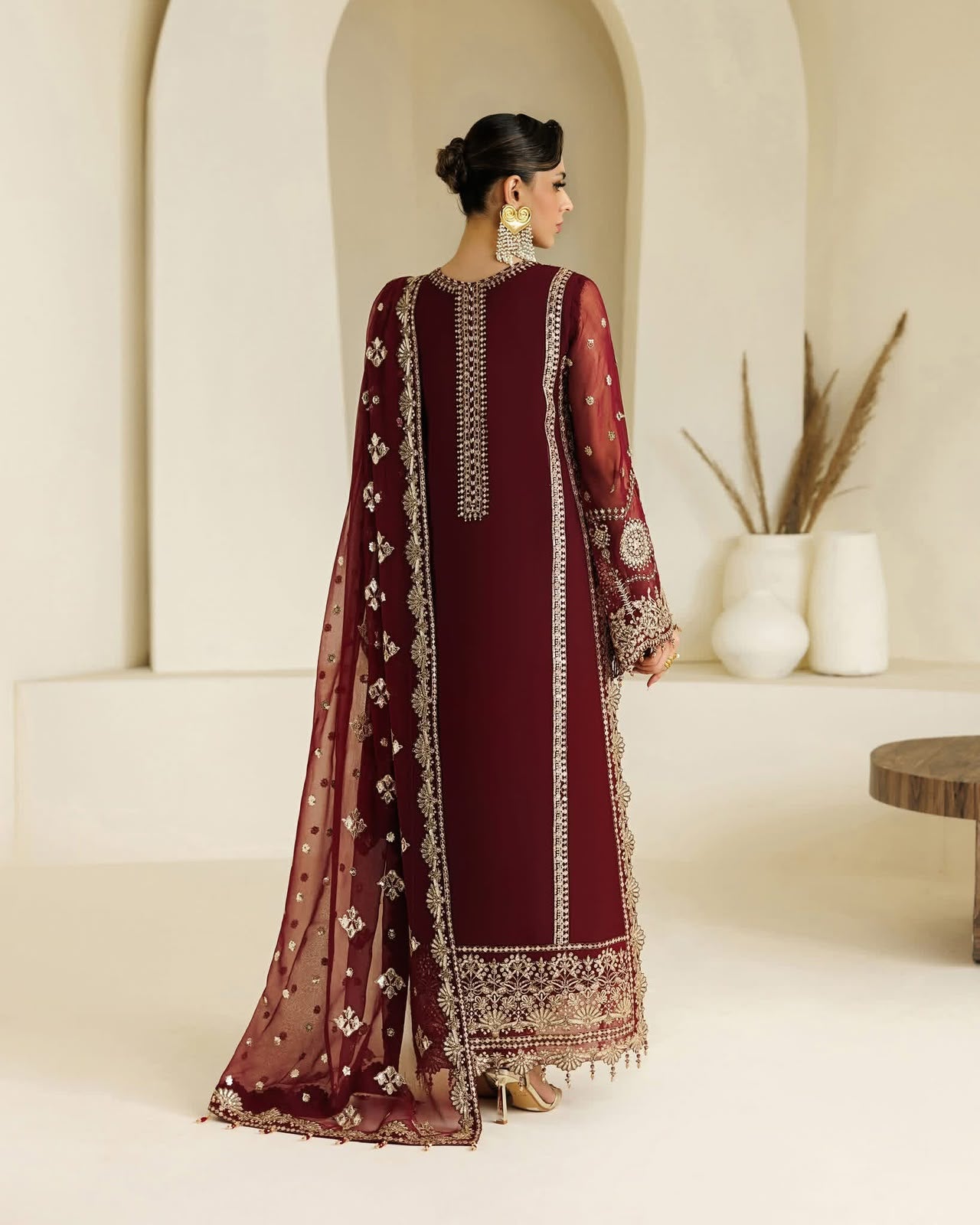 Mehroon Chiffon Embroidered 3 Piece Unstitched Suit - Party Wear