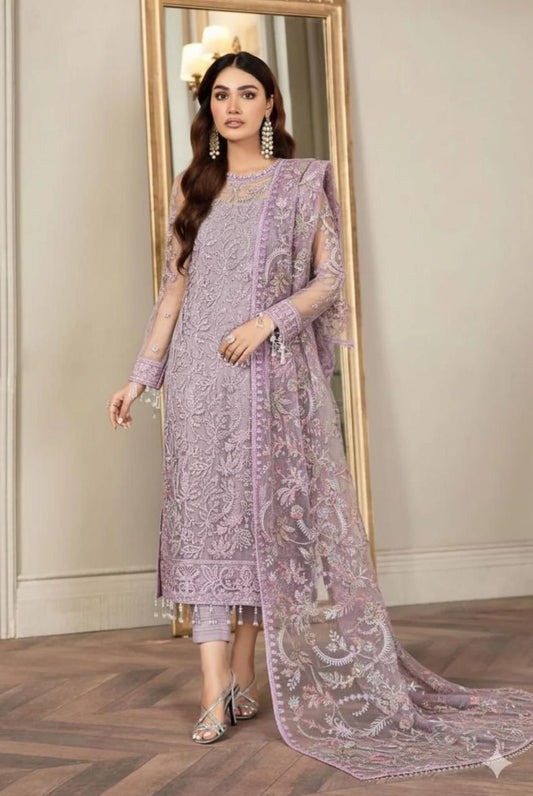 PURPLE LUXURY NET Embroidered 4 Piece Unstitched Dress