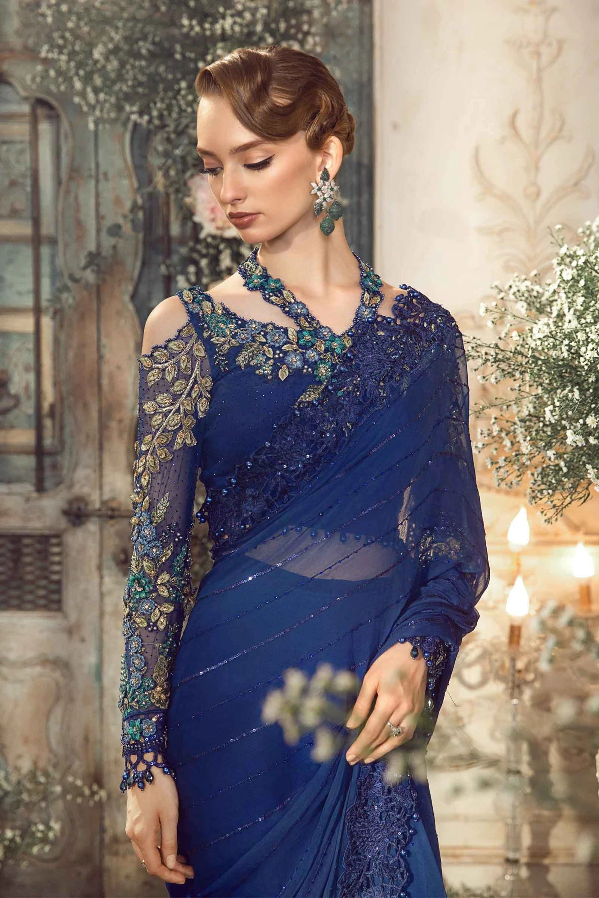 Luxury Blue Chiffon Embroidered Unstitched Saree -Party Wear