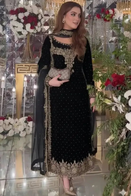 Black Luxury Velvet Suit 3 Piece Unstitched - ANL FB