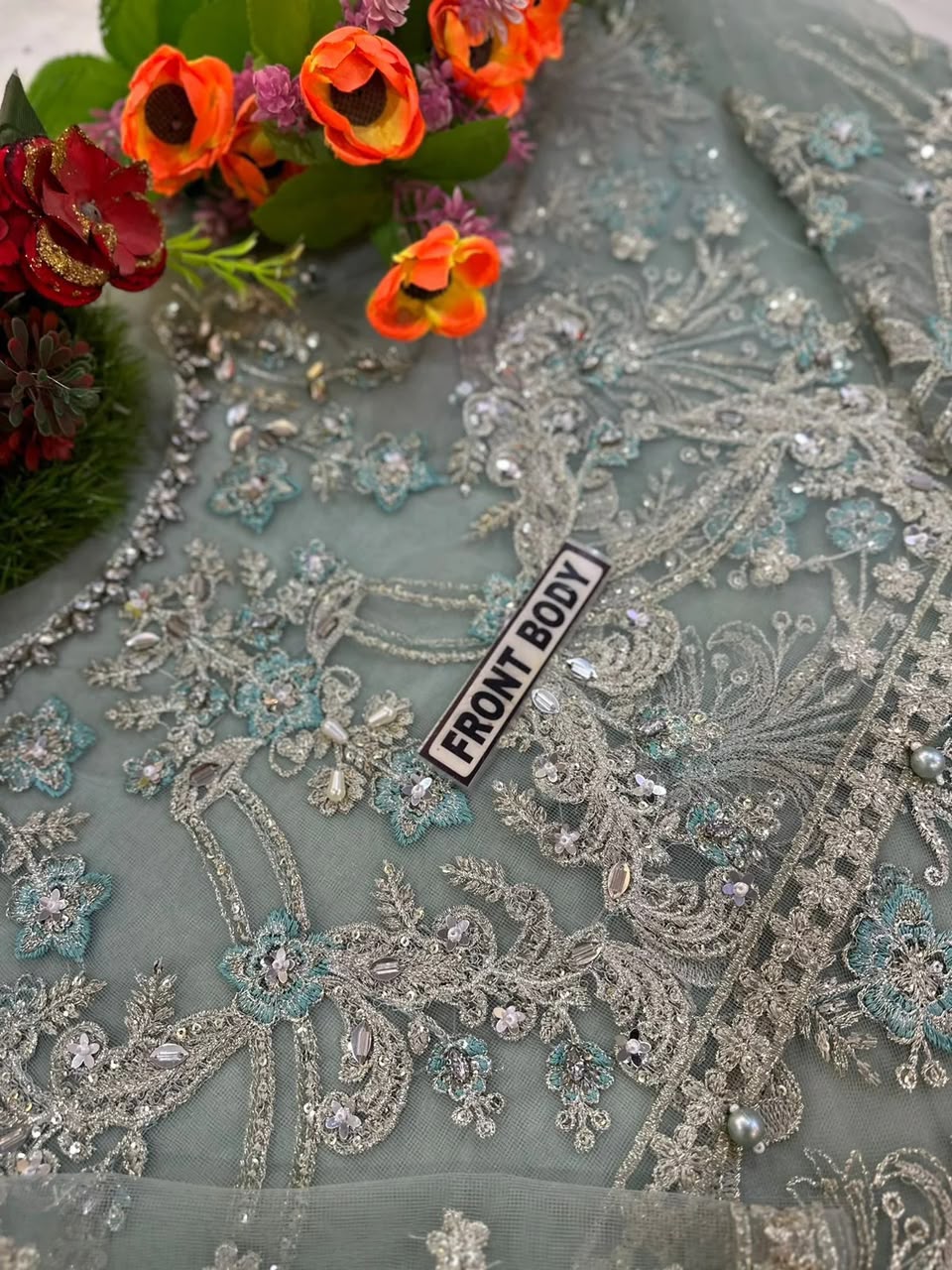 Net Heavy Embroidered Wedding Wear Saree - Unstitched