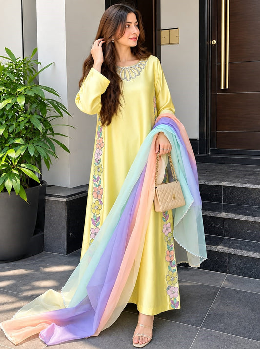 Yellow Silk Formal Kaftan Collection  3 Piece Unstitched Dress