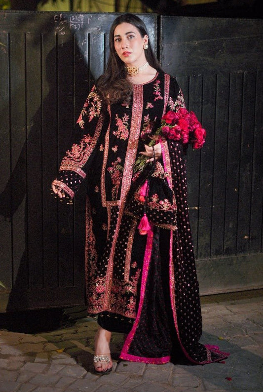 Black Luxury Velvet Suit 3 Piece Unstitched - Oceans
