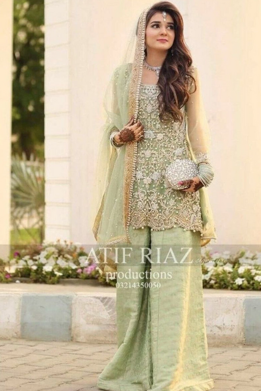 Pista Green Net Unstitched Party Wear 3 Piece Dress