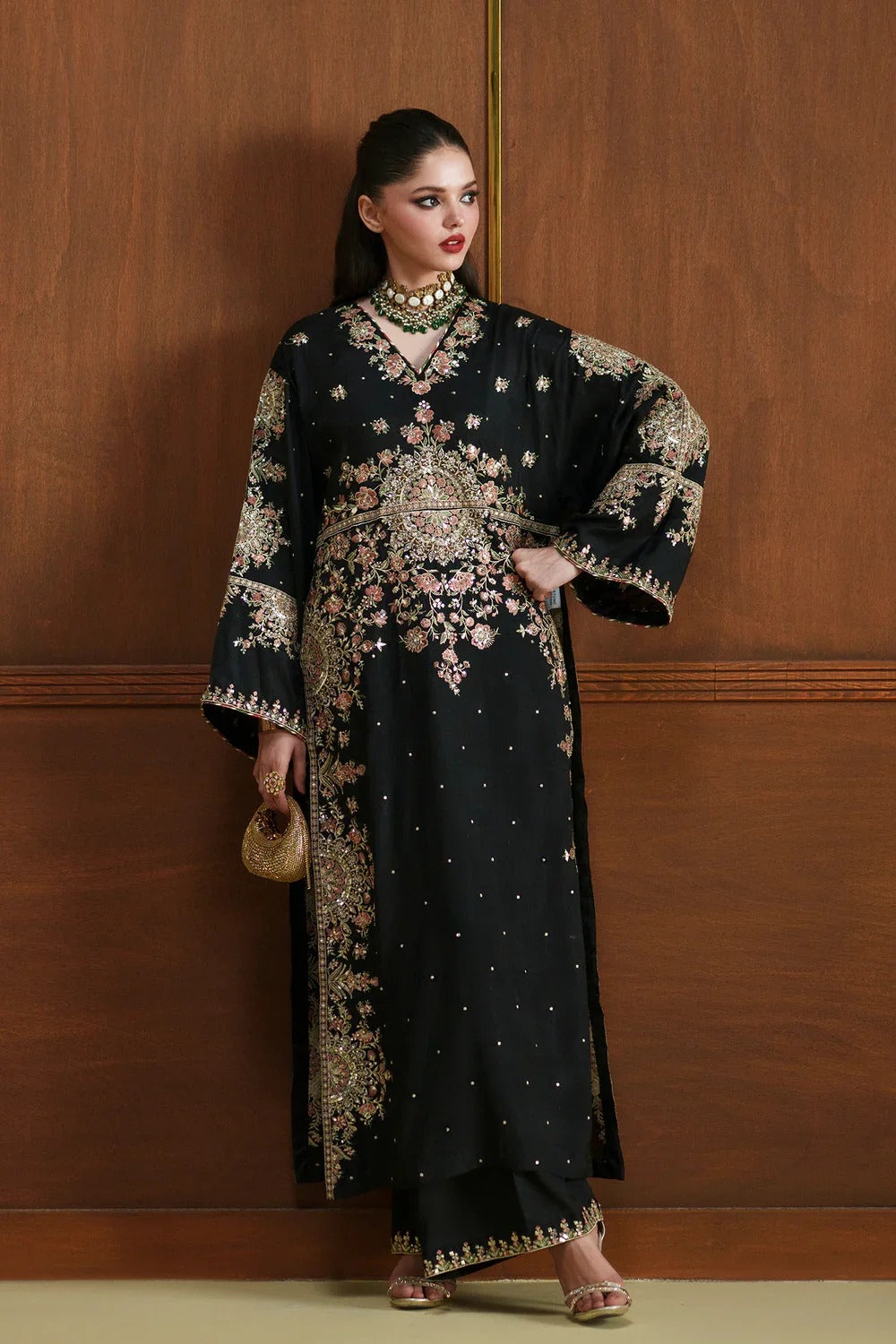 Black Kaftan Shamoz Silk 3 Piece Unstitched Dress - Party Wear