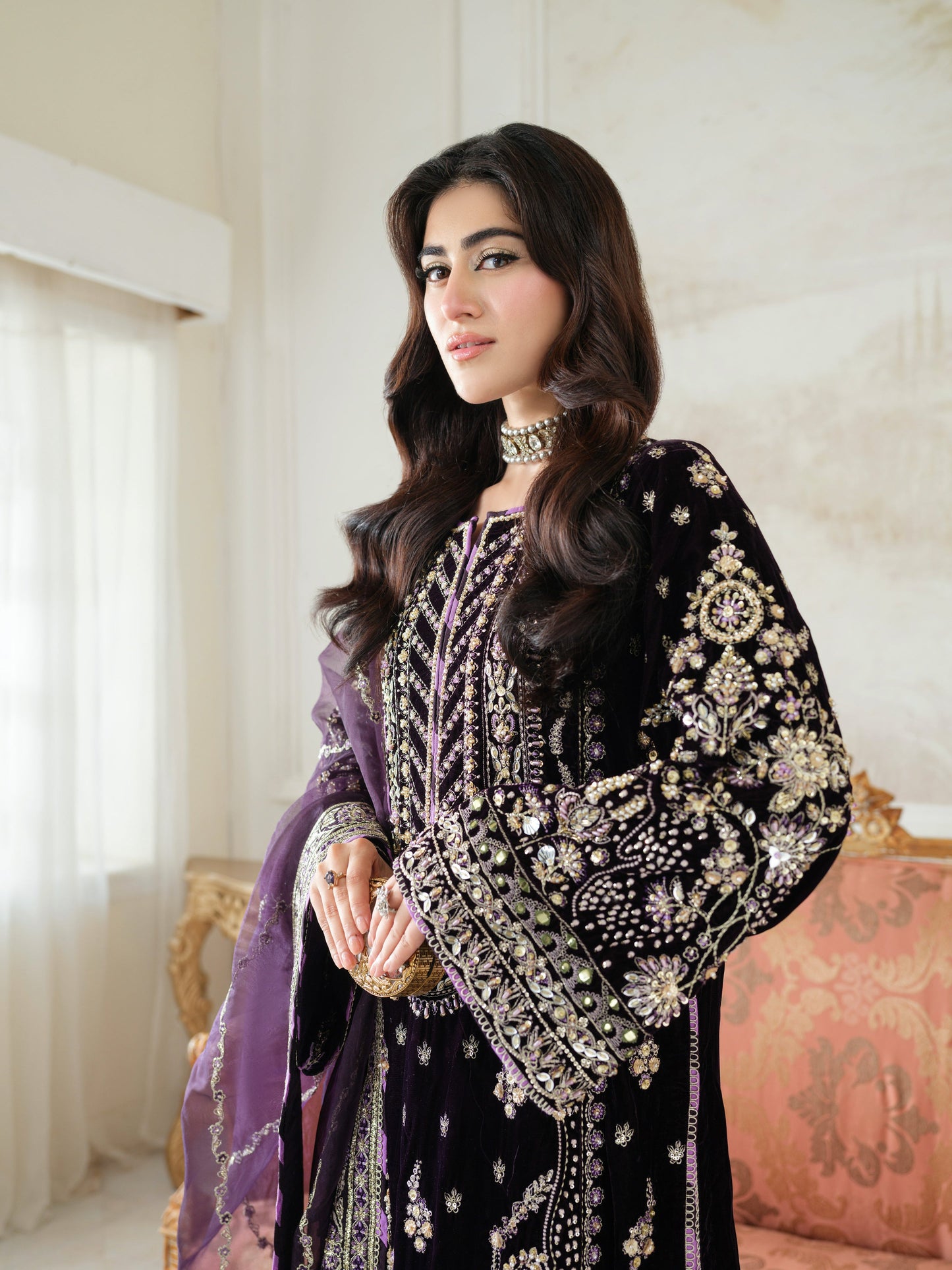 Dark Purple Luxury Velvet Suit 3 Piece Unstitched - ANL