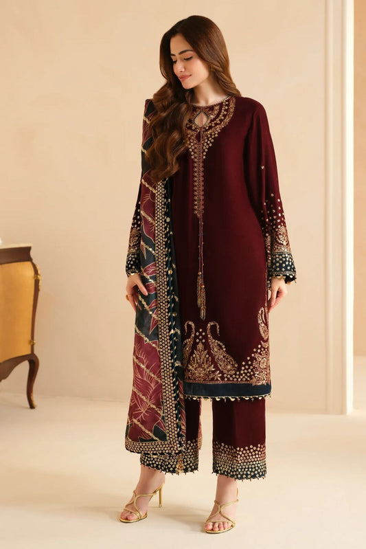 Mehroon Embroidered Unstitched 3 Piece Velvet Suit JV-2038 - Party Wear