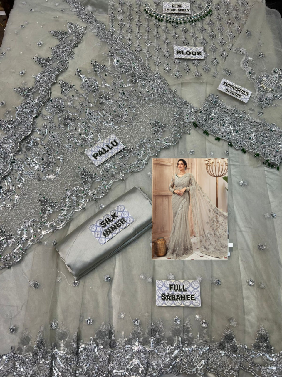 Luxury Net Embroidered Unstitched Saree MB -Party Wear