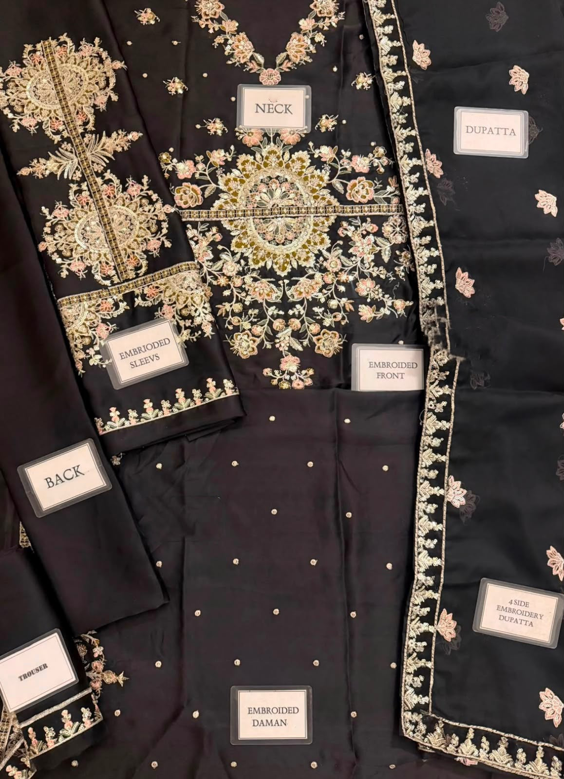 Black Kaftan Shamoz Silk 3 Piece Unstitched Dress - Party Wear
