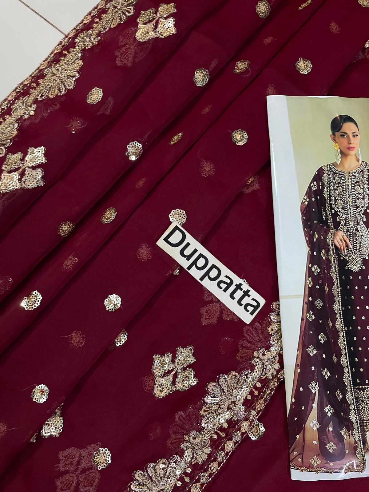 Mehroon Chiffon Embroidered 3 Piece Unstitched Suit - Party Wear