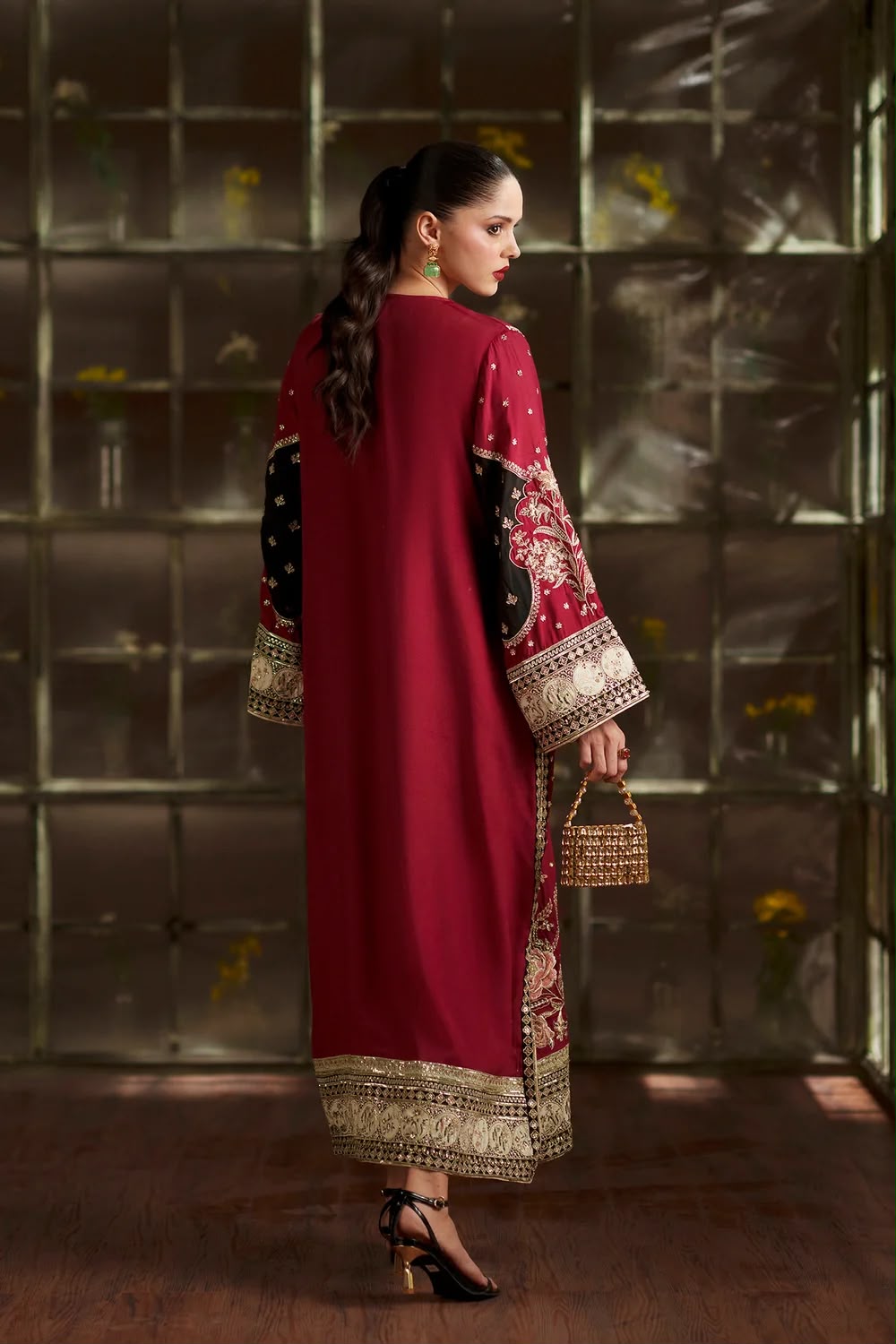 Red Kaftaan Charmeuse Silk 3 Piece Unstitched Suit EK-E1149/104/418 - Party Wear