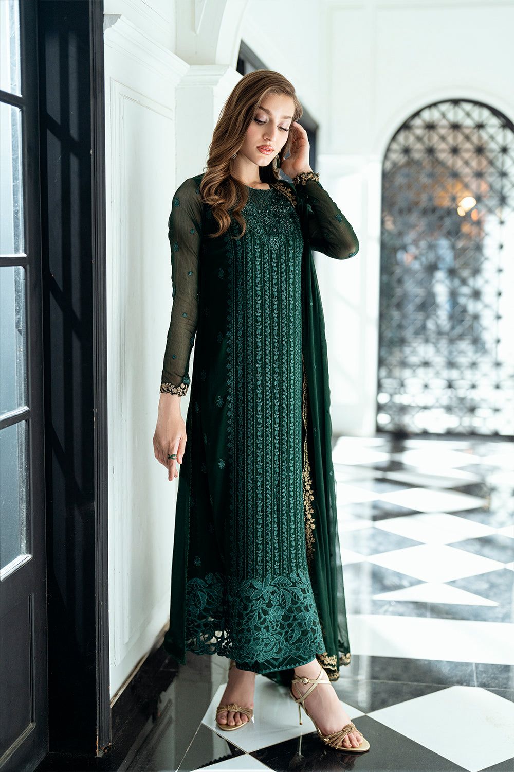 Embroidered Dark Green Luxury Chiffon Dress