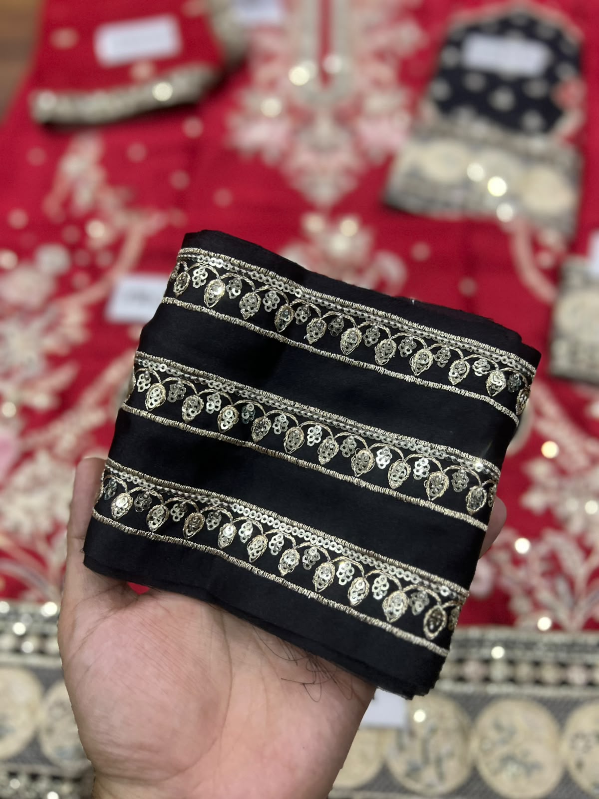 Red Kaftaan Charmeuse Silk 3 Piece Unstitched Suit EK-E1149/104/418 - Party Wear
