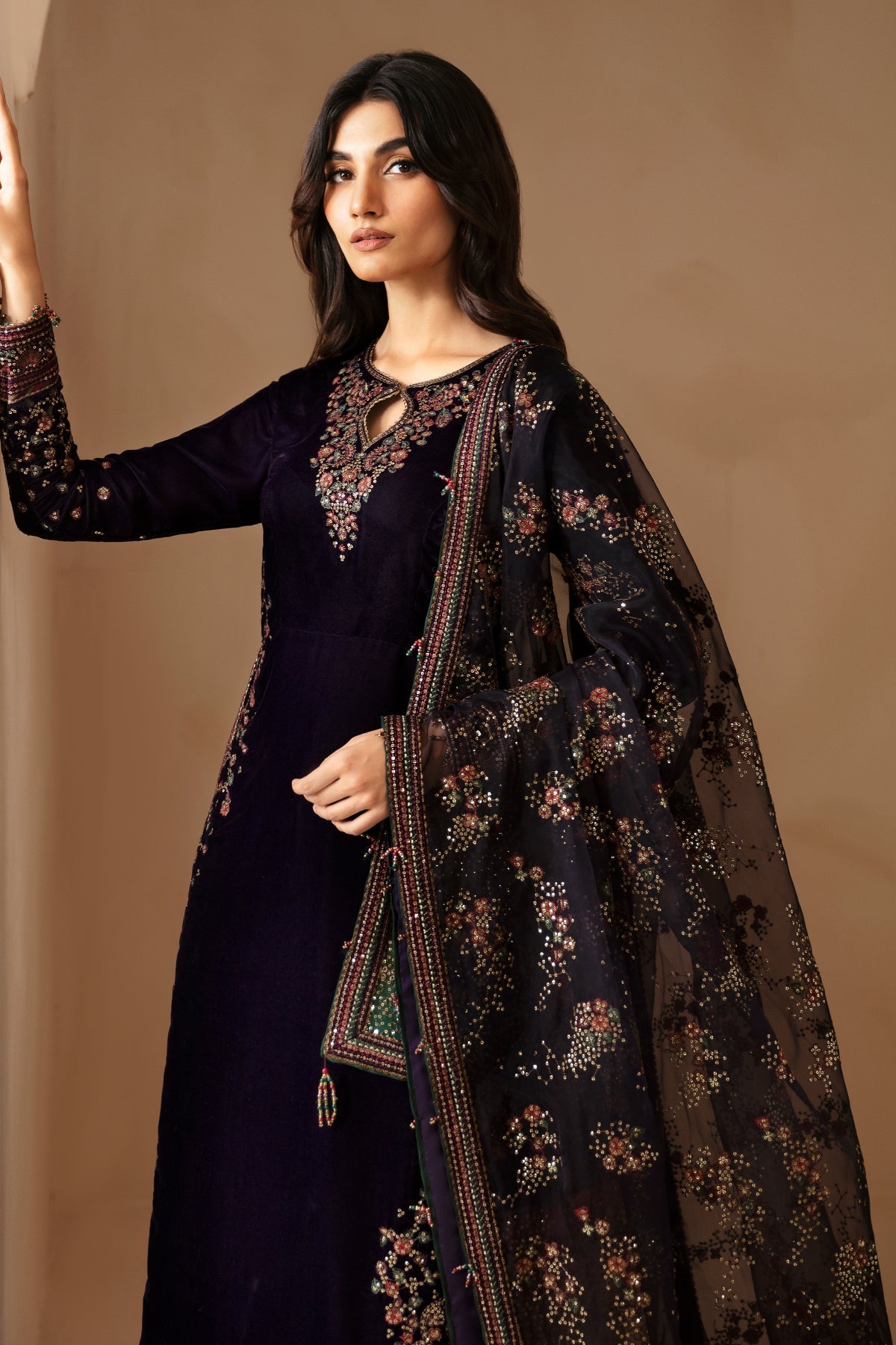 Plum & Multi shaded Velvet Unstitched 3 Piece Dress - Party Wear
