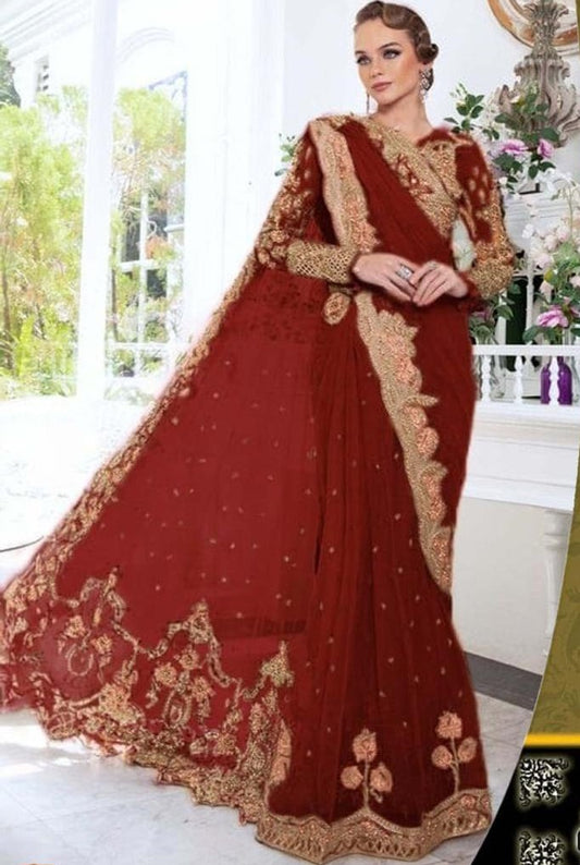 Red Luxury Net Embroidered Unstitched Saree MB -Party Wear