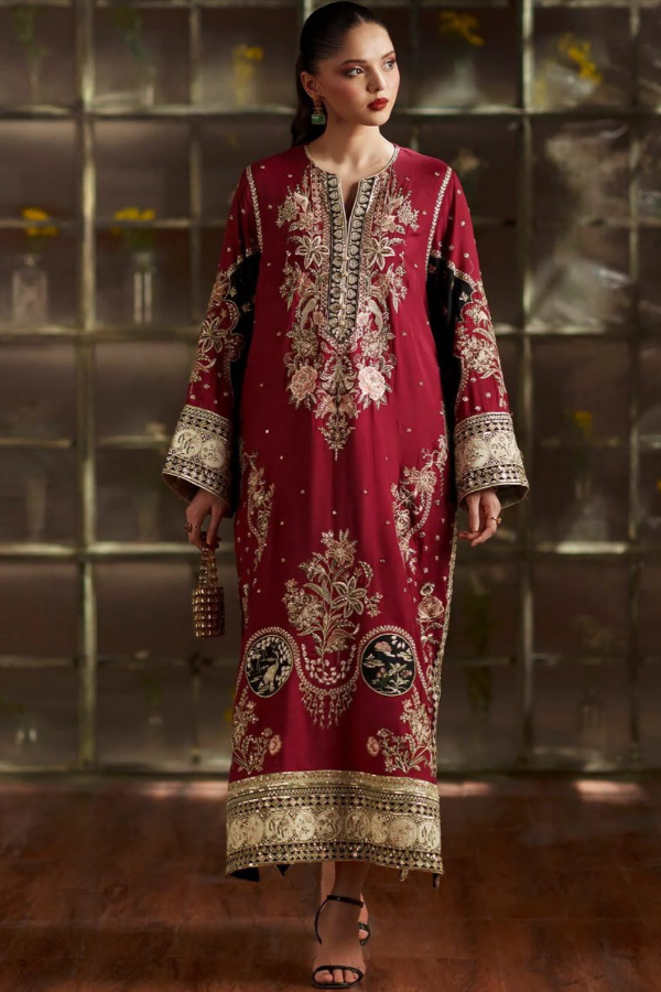 Red Kaftaan Charmeuse Silk 3 Piece Unstitched Suit EK-E1149/104/418 - Party Wear