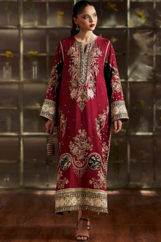 Red Kaftaan Charmeuse Silk 3 Piece Unstitched Suit EK-E1149/104/418 - Party Wear