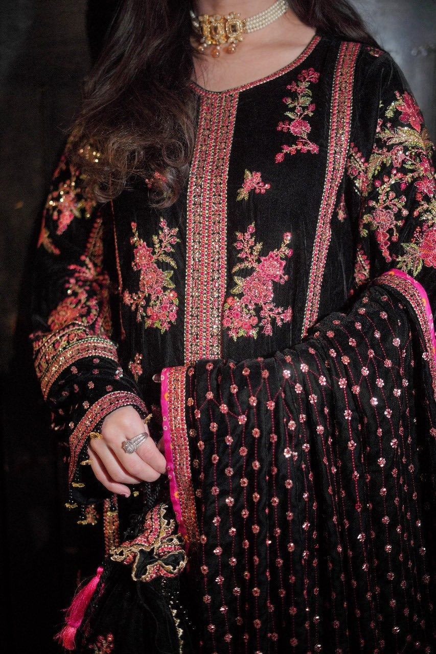 Black Luxury Velvet Suit 3 Piece Unstitched - Oceans