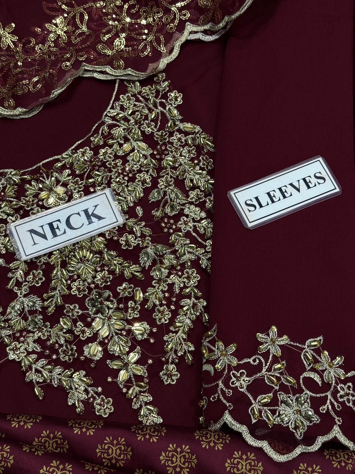 Mehroon Embroidered Chiffon 3 Piece Unstitched Suit