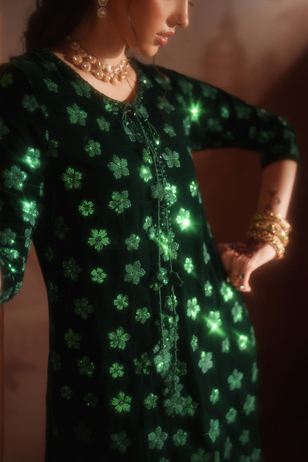 Green Velvet Embroidered Unstitched 3 Piece Dress