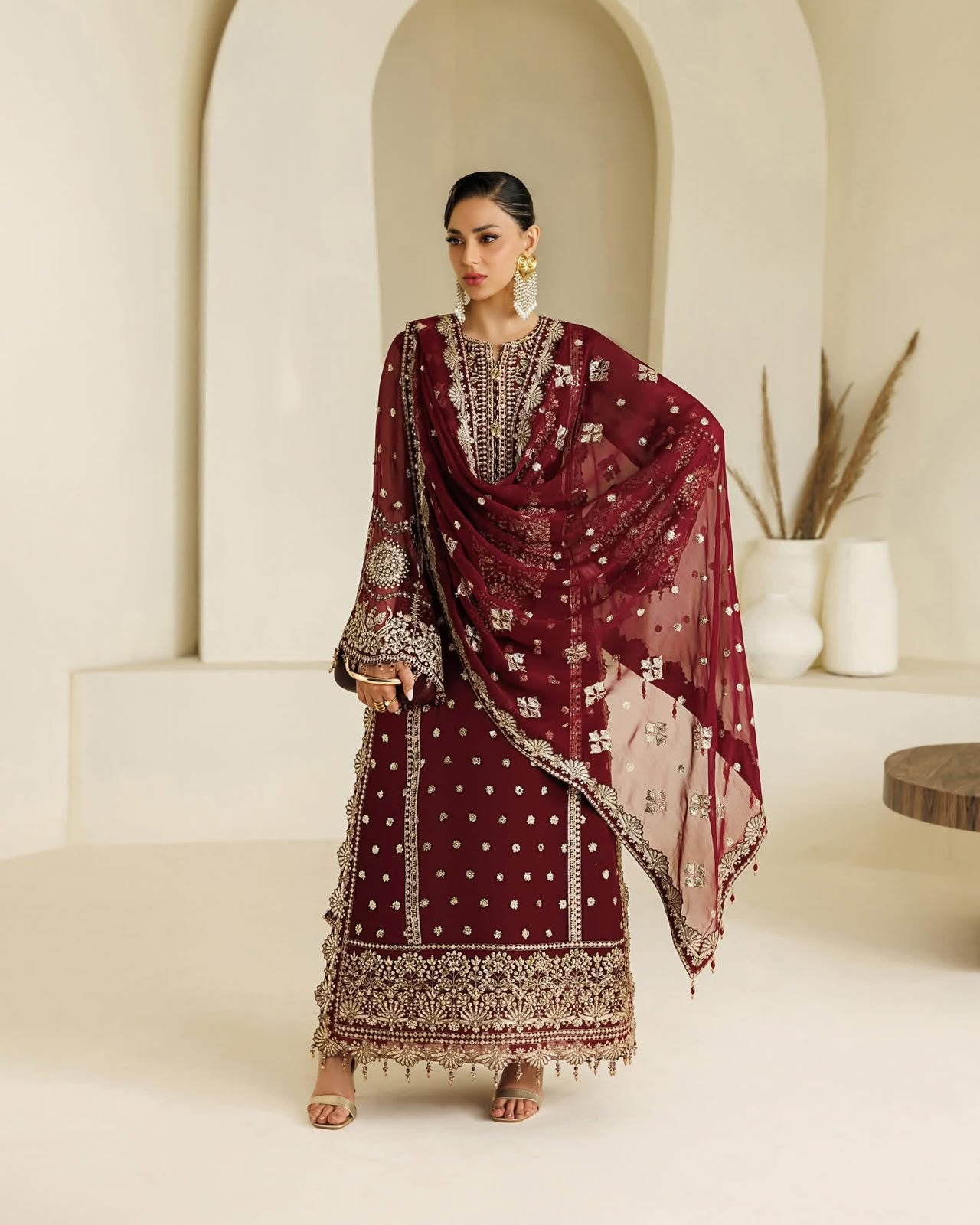 Mehroon Chiffon Embroidered 3 Piece Unstitched Suit - Party Wear