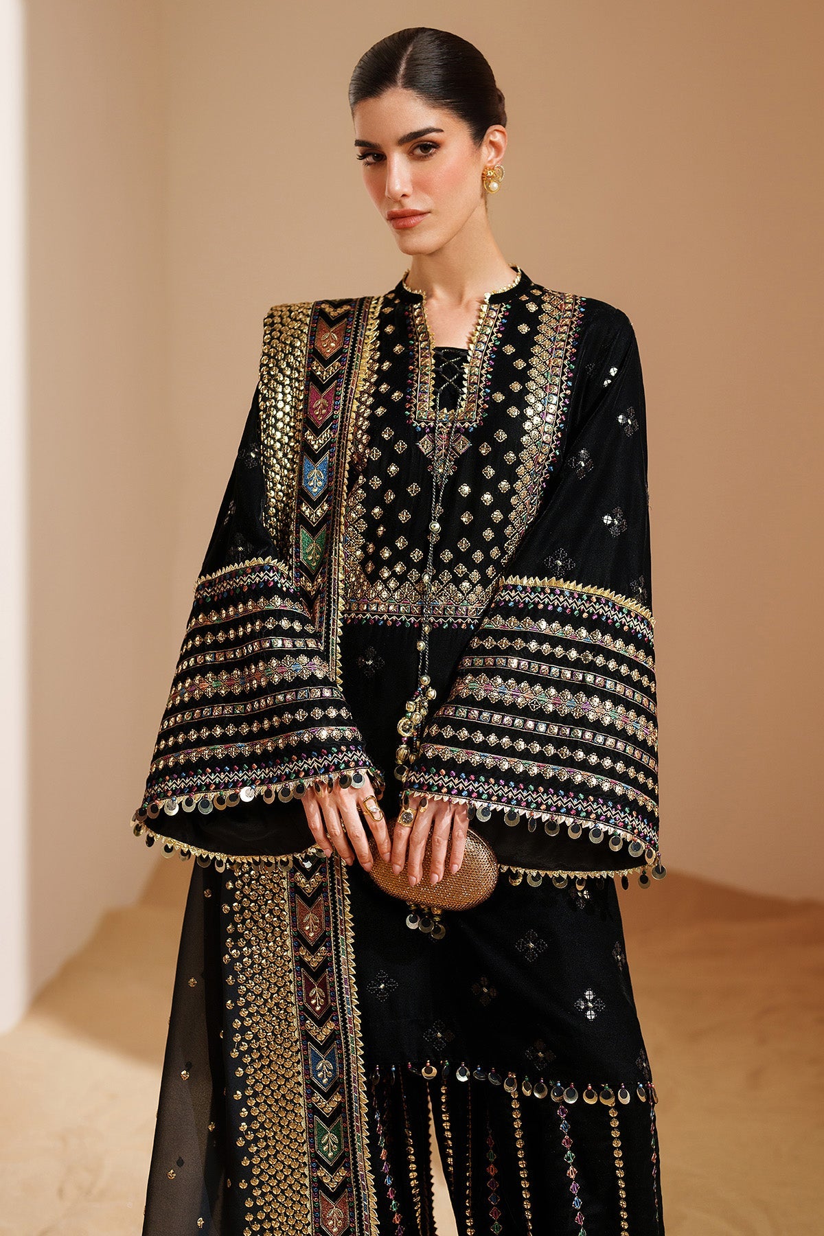 Velvet Embroidered Unstitched 3 Piece Suit -BLACK-Party Wear