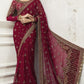 Mehroon Embroidered Unstitched Net Saree - Party Wear