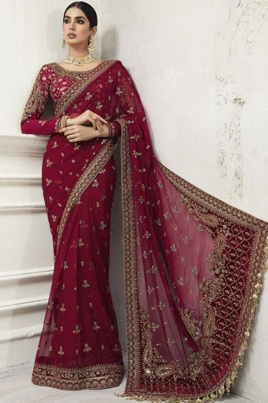 Mehroon Embroidered Unstitched Net Saree - Party Wear