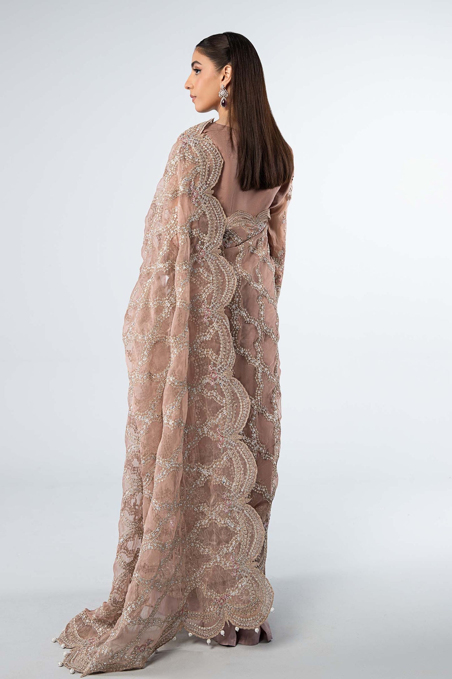 Luxury Net Embroidered Unstitched Saree Dusty Rose -Party Wear