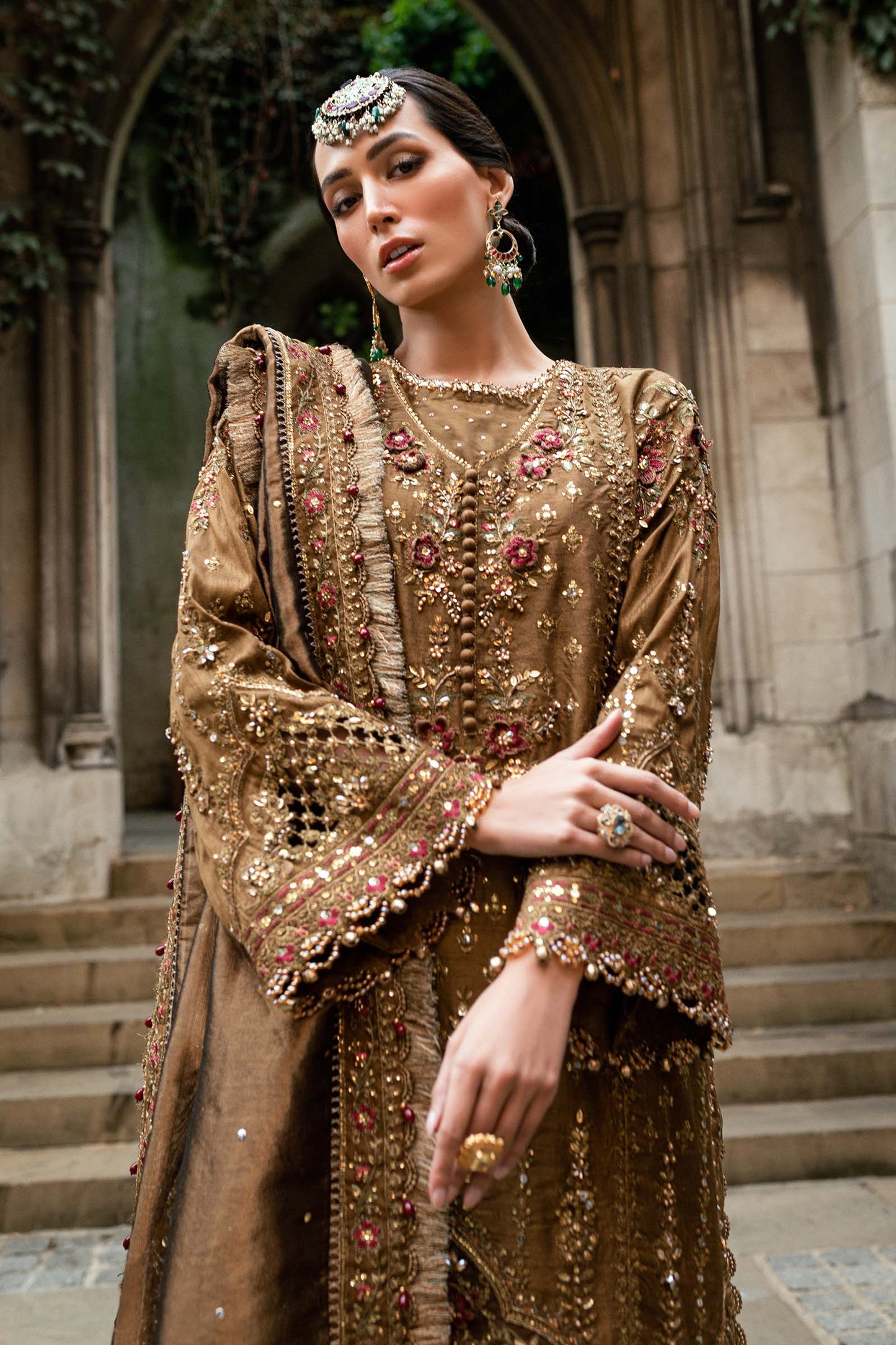 Tambaku Brown Embroidered Shesha Silk Unstitched 3Pc Suit WF-09-04