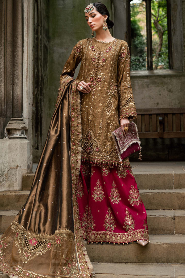 Tambaku Brown Embroidered Shesha Silk Unstitched 3Pc Suit WF-09-04