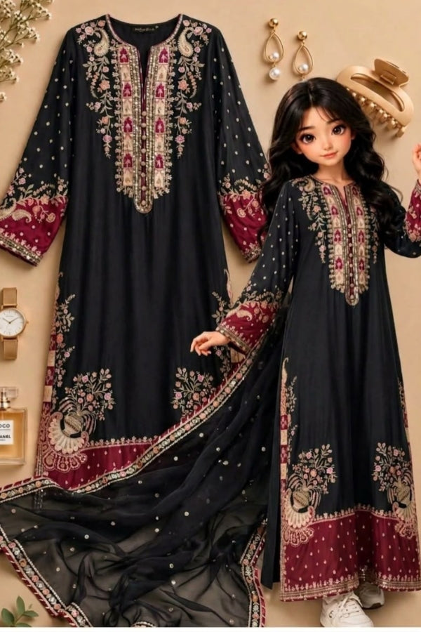 Black Kaftan Shamoz Silk 3 Piece Unstitched Dress - Party Wear