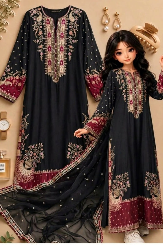 Black Kaftan Shamoz Silk 3 Piece Unstitched Dress - Party Wear