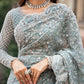 Sky Blue Embroidered Unstitched Soft Net Saree - Party Wear