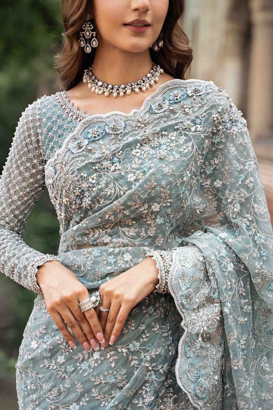 Sky Blue Embroidered Unstitched Soft Net Saree - Party Wear