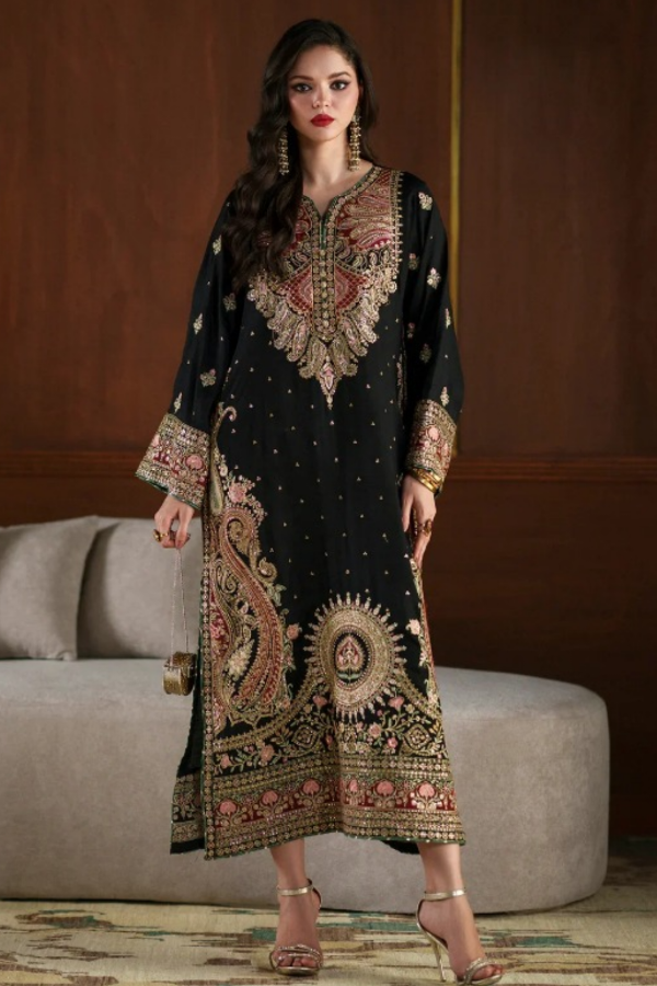 Black Kaftan Shamoz Silk 3 Piece Unstitched Dress - Party Wear