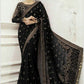 Black Embroidered Unstitched Net Saree - Party Wear