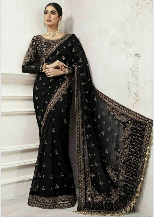 Black Embroidered Unstitched Net Saree - Party Wear
