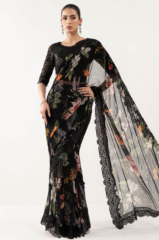 Black Chiffon Embroidered Unstitched Saree -Party Wear